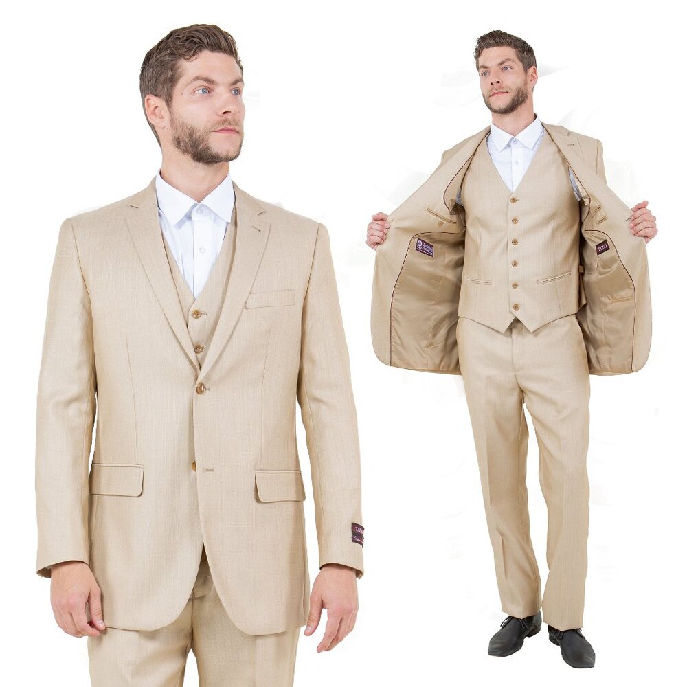 Modern Fit Sharkskin 3pc Men's Suit Set, Light Beige